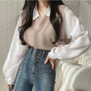 여성 카라티셔츠 니트 조끼 페이크 스타일 긴팔티셔츠 여자 편한 크롭티 가을티셔츠 루즈핏 슬림핏긴팔