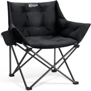 포털 오버사이즈 패딩 캠핑 의자 - 컵 홀더 및 사이드 포켓이 있는 헤비 듀티 접이식 잔디밭 스포츠 블랙을