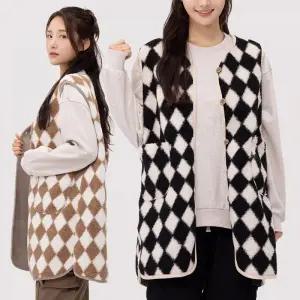 아가일 뽀글이 조끼 여성 양털 롱베스트