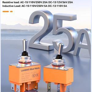 LANBOO 12mm 25A 토글 스위치, 로커 작동, 고전류 래칭 또는 순간 4p6P 미니
