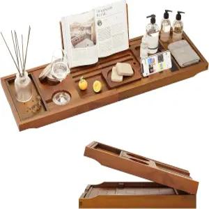접이식 프리미엄 티크 원목 욕조 트레이 길이 조절 반신욕 거치대 럭셔리 홈스파 욕실 선반