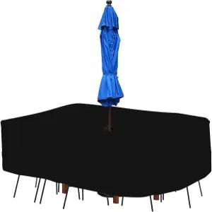 Cozzka 108인치 직사각형 타원형 파티오 테이블 의자 세트 커버 (우산 구멍 포함) 방수 실외 식탁 및 블랙