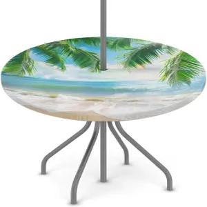 Peaom 열대 해변 코코넛 나무 우산 구멍 포함 야외 테이블보 지퍼가 달린 둥근 신축성 있는 핏 테이블 덮개