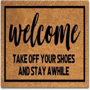 재미있는 코이어 도어매트 환영합니다 신발 벗고 잠시 머무르세요 현관 매트 입구 야외 튼튼한 환영 내추럴
