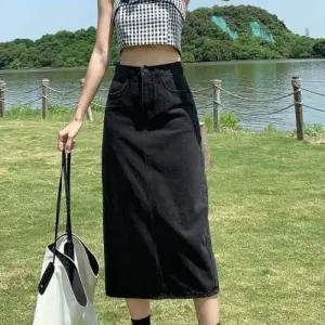 무지 롱 스커트 여성 실루엣 가벼운 블랙진 치마