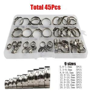45pcs 5.8-23.5mm 호스 클램프 단일 귀 304 스테인레스 스틸 분류 키트 클립 파이프