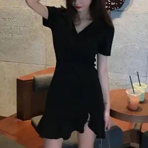 (색상 블랙)미니원피스 여성 V넥 하객룩 프릴 트임 블랙 여름