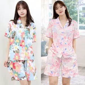 하랑이플 여성 여름 반팔 잠옷세트 플라워 홈웨어 린넨 아사 파자마 상하세트