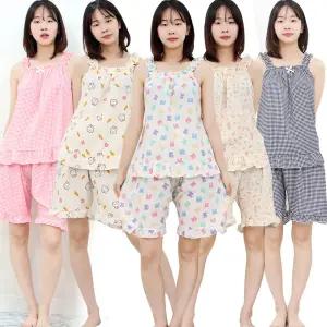 여름 지지미 나시 상하세트 여성 잠옷세트 홈웨어 파자마 캐릭터 린넨 아사 반바지