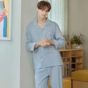 메이플라워 소프트L블루 긴팔 순면 남성 빅사이즈 잠옷 세트