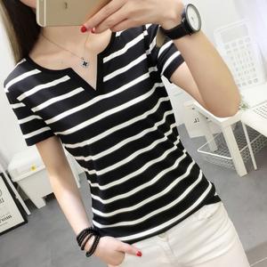 아루앤 여성 시원한 브이넥 스트라이프 반팔티셔츠