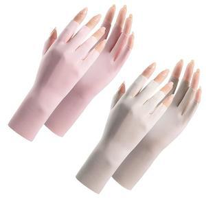 2쌍 여성 쿨 스 실크 손가락 없는 자외선 차단 드라이빙 장갑, 헐렁하고 얇은 통기성 야외 장갑 핑크 & 베이지 네일용