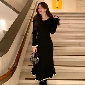 [미나그램] 베르니 배색 프릴 골지니트롱원피스