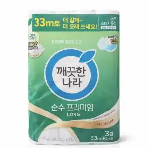 깨끗한나라 순수프리미엄 화장지 30롤 3겹 33m 두루마리 휴지 물에잘녹는 무형광
