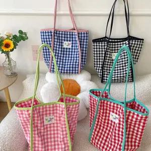 배색 체크패턴 포인트 빅사이즈 숄더백 피크닉가방에코 데일리 학생 캐주얼 천가방 면가방 가벼운 여자토트