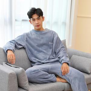 두꺼운 따뜻한 남자 산호 벨벳 잠옷 가을 겨울 HOMEWEAR 긴팔 긴 바지 솔리드 소프트 잠옷 2 개/대 커플