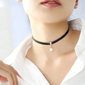 모던 지르코니아 진주 탄생석 실버 가죽 원석 초커 길이조절