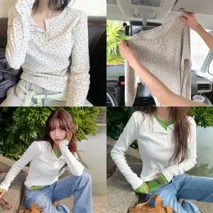 [모코블링]로지 와플 단추 티셔츠 버튼티 슬림핏티 와플티 꽃티 긴팔티 봄옷