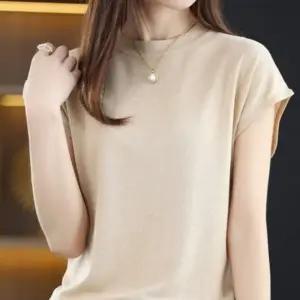 여자 여름 얇은 니트 라운드넥 스판 오피스 반팔 티셔츠