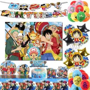 원피스 생일 파티 커트러리 접시 일회용 배너 케이크 토퍼 깃발 루피 풍선 장식