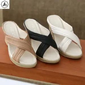 [애슬릿] 웨지 힐 슬리퍼 가죽 통굽 크로스 굽높은 7cm