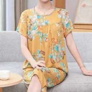 여성 중년 여름 면 파자마 투피스 잠옷 홈웨어 세트