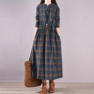여성 루즈핏 빅사이즈 스트링 체크 셔츠 롱 원피스 치마 wQZ9+7DzN