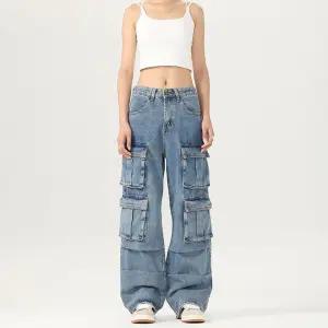 여성용 빈티지 스타일 완성 와이드 청바지 워싱 멀티포켓 카고 데님팬츠 긴바지 스포M1