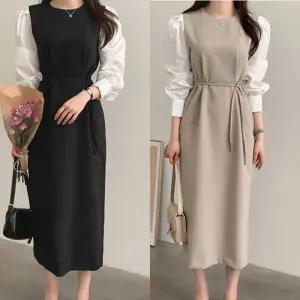 h라인 원피스 소매배색 허리스트링 뒷지퍼 뒷트임 홀복 가을하객 플리츠