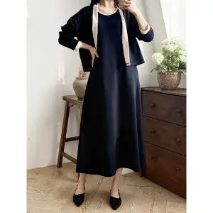 [하프클럽/샵앤]여성 배색 포인트 민소매 원피스 가디건 세트 LL-WSET-5152-네