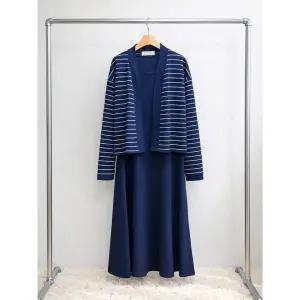 [하프클럽/샵앤]여성 단가라 가디건 민소매 롱원피스 세트 LL-WSET-5151-네이비