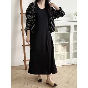 [하프클럽/샵앤]여성 단가라 가디건 민소매 롱원피스 세트 LL-WSET-5151-블랙