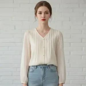 피치 자수 V넥 블라우스_RF1BL021