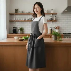 내추럴 린넨 원피스형 앞치마 카페 주방용 조리복 작업용 에이프런