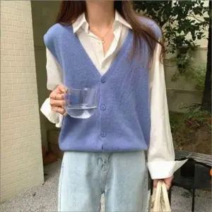 니트조끼 무지 베스트 민소매 기본 여자 브이넥 레이어드 베이직