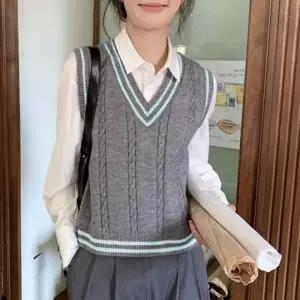 V넥 꽈배기 배색 레이어드 베스트 니트 조끼 여자