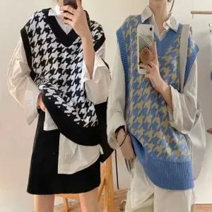 니트 여자 체크 레이어드 조끼 하운드 베스트 오버핏