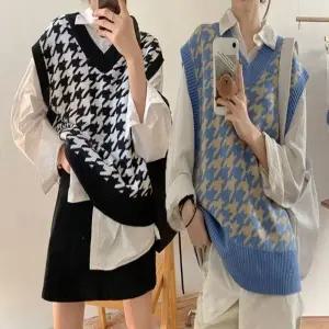 오버핏 니트 조끼 하운드 레이어드 베스트 체크 여자
