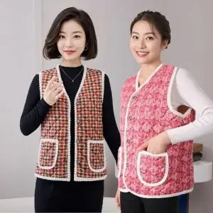 누빔재킷 중년 여성패션베스트 기모 꽃무늬 여성데일리베스트 겨울 여성조끼