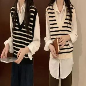 단가라 여자 베이직 베스트 니트 V넥 조끼 루즈핏