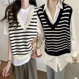 조끼 니트 베스트 스트라이프 여자 V넥 단가라