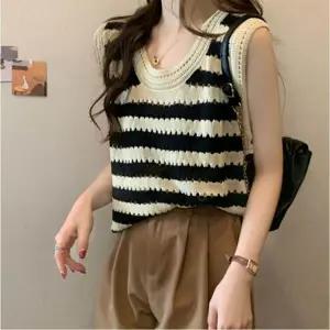 나시 펀칭 니트 여자 단가라 조끼 스트라이프 여름
