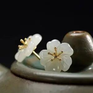 ( )옥 매화 시리즈 S925 백옥 자연주의 귀걸이 꽃 상감