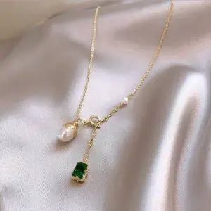 ( )담수진주 써지컬 패션 진주 그린 골드 목걸이 에메랄드 비즈