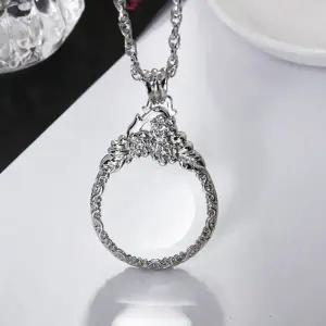 ( )실버 목걸이 꽃무늬형 휴대용 돋보기 레트로 앤틱 고배율 노인