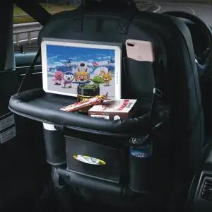 접이식 트레이가 내장된 PINUK 카 백시트 정리함 더블 레이어 가죽 방수 카시트 포켓 포함 간편한 설치