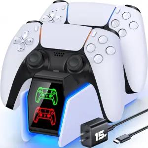 LED 조명 듀얼 스탠드 충전기 도크가 있는 PlayStation 5 컨트롤러용 PS5 컨트롤러 충전소 AC 어댑터가