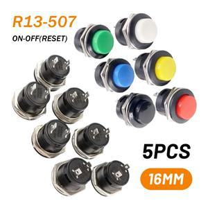 5PCS 푸시 버튼 스위치 R13-507 16MM 라운드 잠금 없음 재설정 다채로운 보트 자동차 소형 가전