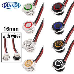 1pc 16mm 초단 금속 푸시 버튼 스위치 (와이어 포함) 순간 재설정 (LED 라이트 플랫하이 헤드 6V 24V 조그
