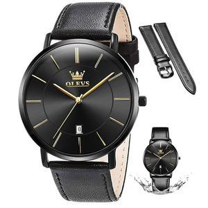[미국배송] OLEVS 남성용 시계 가죽 초박형 밴드 쿼츠 아날로그 드레스 캐주얼 심플 경량 렐로예스 파라 홈브르